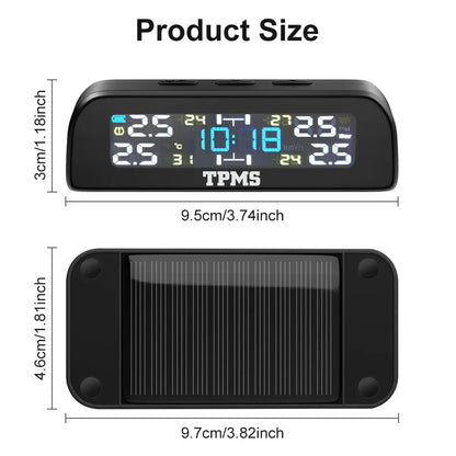 Solar TPMS Tire Pressure Monitoring System – 4-Wheel External Sensors with Temperature Alarm for Car Tyre Safety