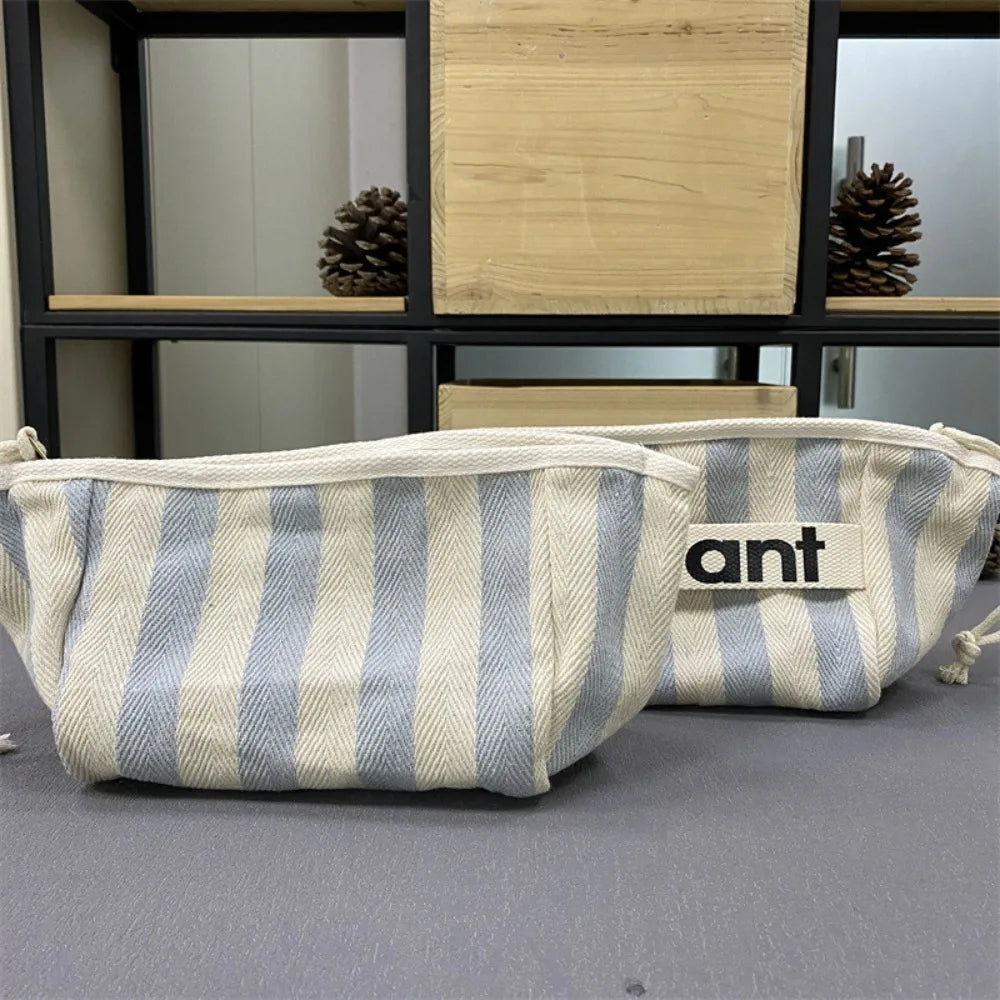 2024 Cotton Stripe Canvas Zip Pouch – Fashionable Handheld Cosmetic Cloth Bag