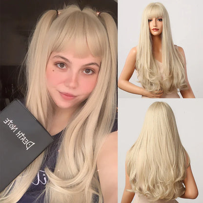 Ombre Honey Brown Long Synthetic Wig with Bangs — Wavy, Realistic, Soft, Heat-Resistant Hair for Daily & Party