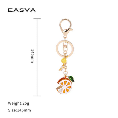 EASYA Vintage Imitation Fruit Charm Keychain – Lemon, Persimmon & Strawberry Glass Pendant, Luxury Jewelry for Women