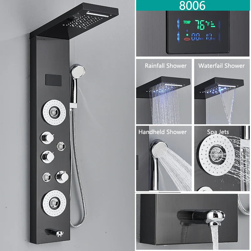 LED Light Bathroom Shower Faucet Set - Rainfall Shower Panel System with Temperature Display, Water Mixer Tap, and SPA Massage Feature