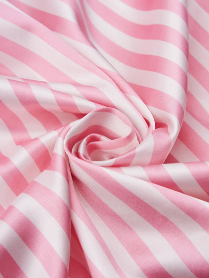 Classic Striped Satin Pajama Set – Short-Sleeve Top with Pocket & Long Pants Sleepwear with Lapel Collar