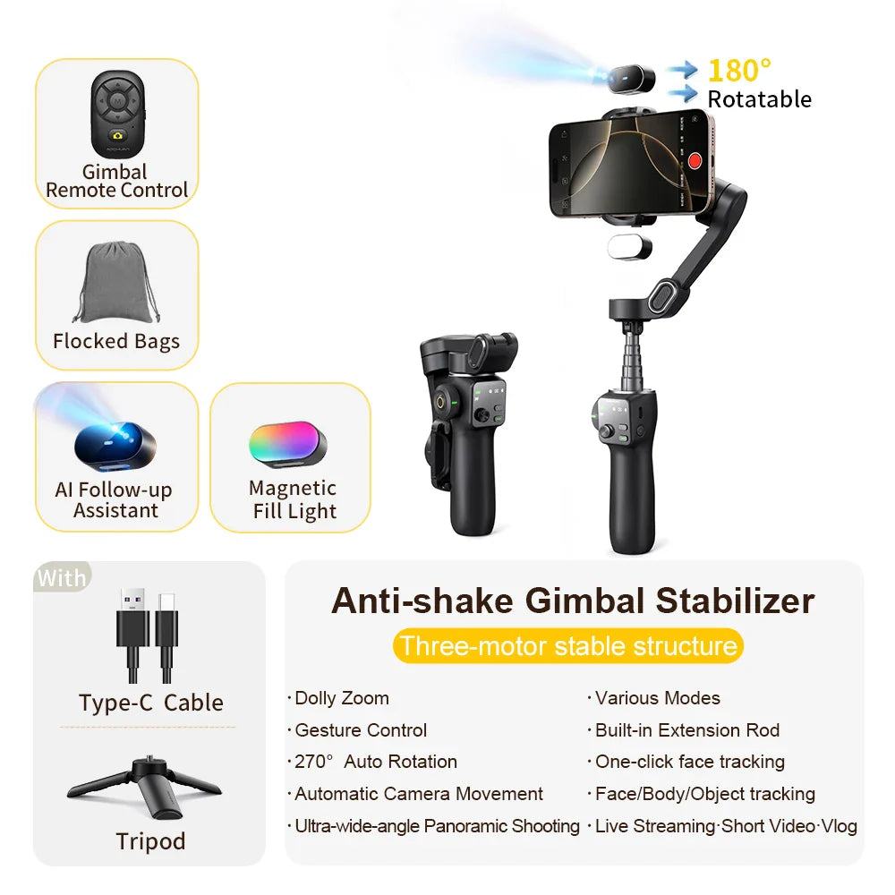 AOCHUAN Smart V8 3-Axis Handheld Gimbal – Phone Stabilizer with Extension Rod, Tripod & Face Tracking for iPhone, Android, TikTok & Vlog