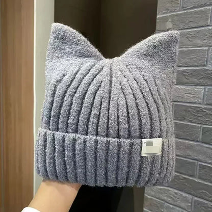 Cute Cat Ears Beanie for Women – Warm Autumn Winter Knitted Hat, Sweet Ear Protection Pullover