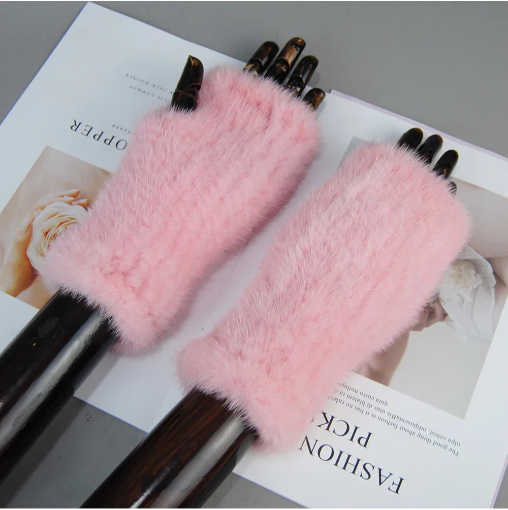 Women’s Winter Mink Fur Gloves – 100% Natural Fingerless Knitted Mittens for Warmth
