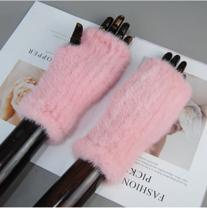 Women’s Winter Mink Fur Gloves – 100% Natural Fingerless Knitted Mittens for Warmth