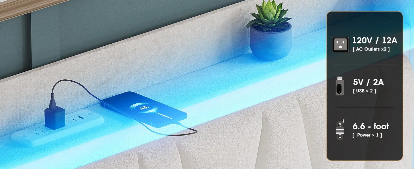 Queen Size Upholstered Platform Bed Frame with LED Lights, 3 Storage Drawers & USB Charging Station – Velvet Finish