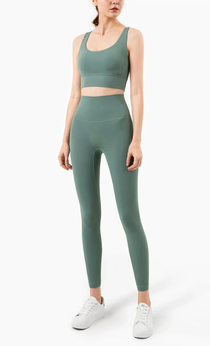 Summer 2 Piece Women's Yoga Tracksuit - Cross-Back Nylon Top and Leggings Athletic Set for Pilates and Fitness