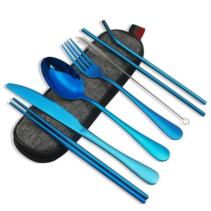 8-Piece Reusable Travel Cutlery Set — Stainless Steel Spoon, Fork, Chopsticks & Straw with Portable Case