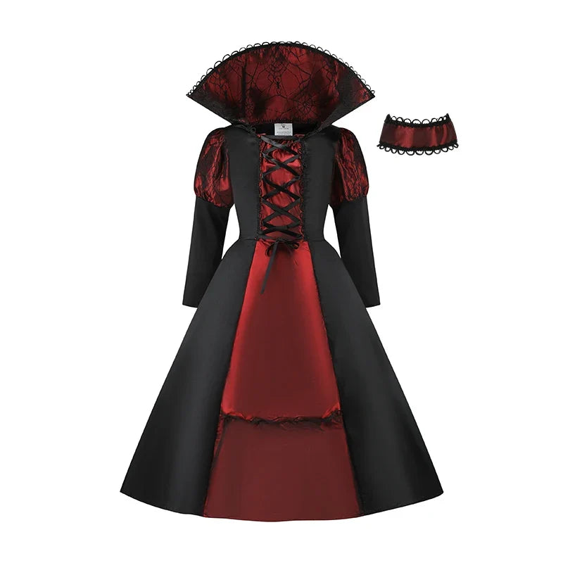 Girls Vampire Queen Costume - Black & Red Vintage Long Dress with Collar for Halloween & Cosplay