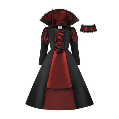 Girls Vampire Queen Costume - Black & Red Vintage Long Dress with Collar for Halloween & Cosplay