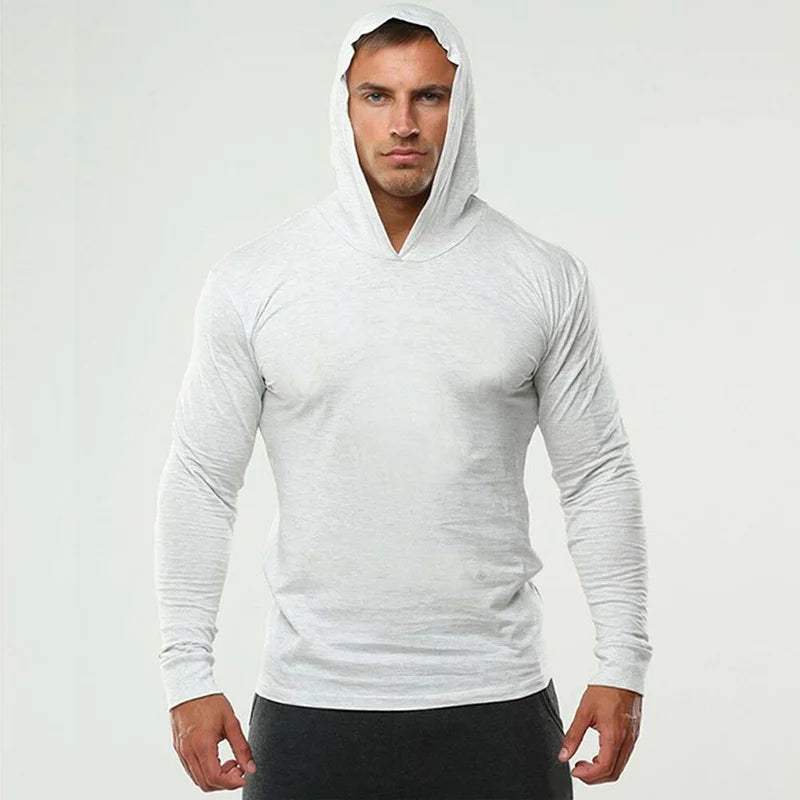 Men’s Slim Fit Gym Hoodie Long Sleeve – Breathable Cotton Fitness & Bodybuilding Sports T-Shirt
