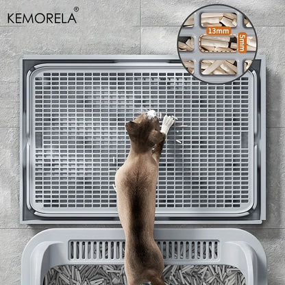 KEMORELA Extra Large Stainless Steel Cat Litter Box with Lid – Enclosed, High-Sided, Leak-Proof Litter Pan with Cat Litter Mat