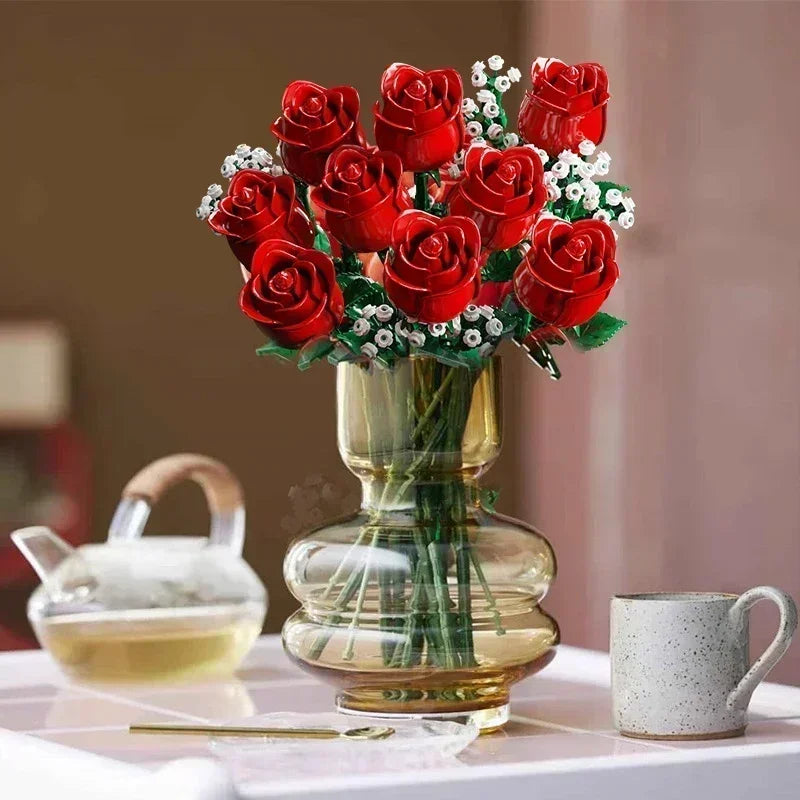 Romantic Rose Flower Bouquet Building Block Set – Creative Home Desk Plant Decoration, Assemble Bricks Toy Gift for Girls & Women