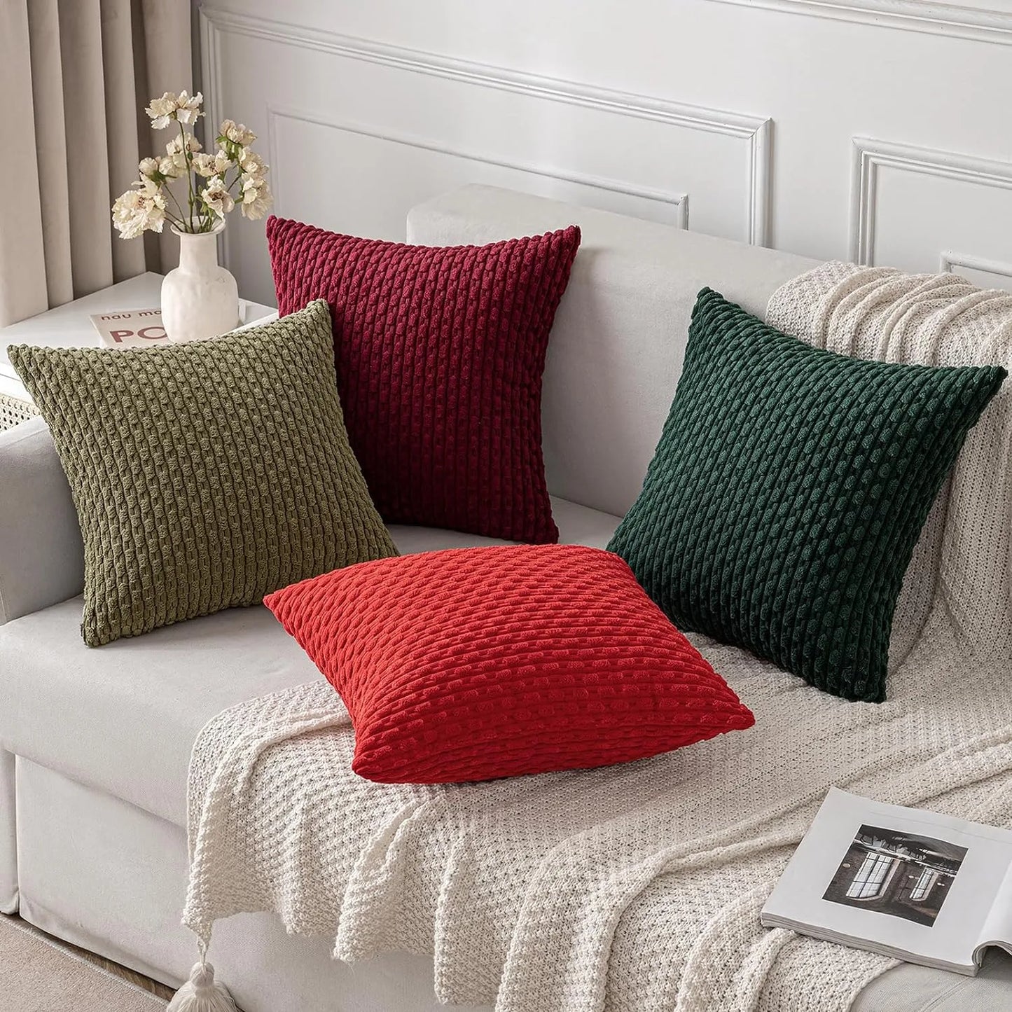 Dark Green Throw Pillow Covers – 16x16 Inch Soft Corduroy Decorative Cushion for Bed, Sofa & Living Room, Boho Home Decor