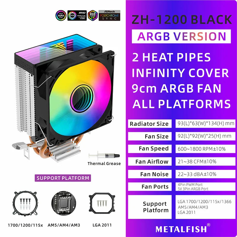 METALFISH ZH1200 CPU Cooler — 2 Heatpipe ARGB Radiator with 4-Pin PWM Silent Fan for Intel LGA 1700/1200/115X/1366/2011 & AMD AM5/AM4/AM3