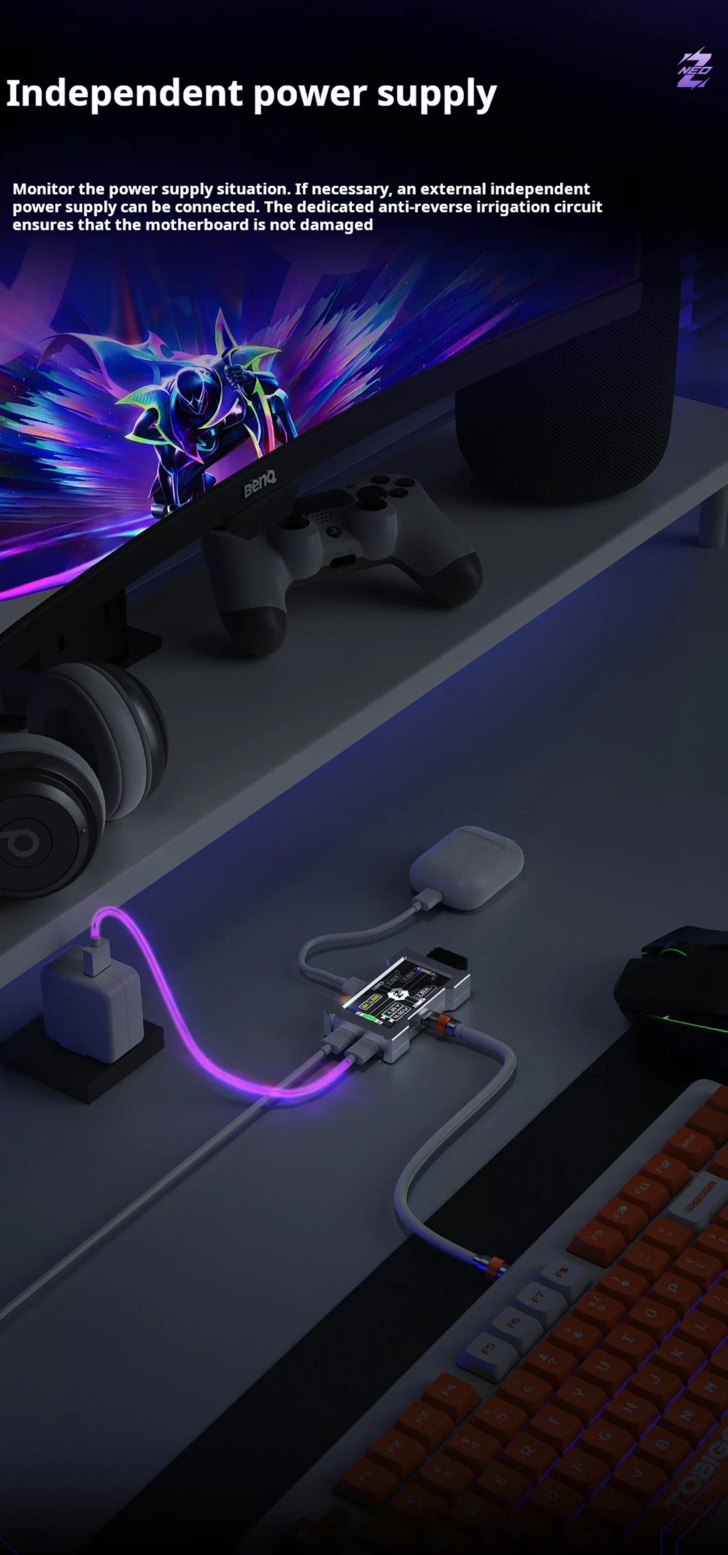 HMLAB ZNEO Gaming USB Hub – 2-to-3 Port with 8K Hz, Independent Power & Screen for Gaming Desk Setup