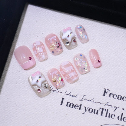 10Pcs Handmade Press-On Nails – Cute Flower & Butterfly Design with Glossy Diamond Full Cover Acrylic Tips