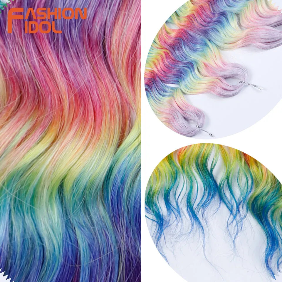FASHION IDOL 24" Deep Wave Crochet Hair - 3-Piece Synthetic Water Wave Braiding Extensions, Ombre Rainbow Twist Hair