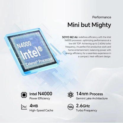 SOYO M2 Air Mini PC — Intel N4000, 6GB RAM, 128GB eMMC, Windows 11 Pro, Compact Desktop for Home, Business & Gaming