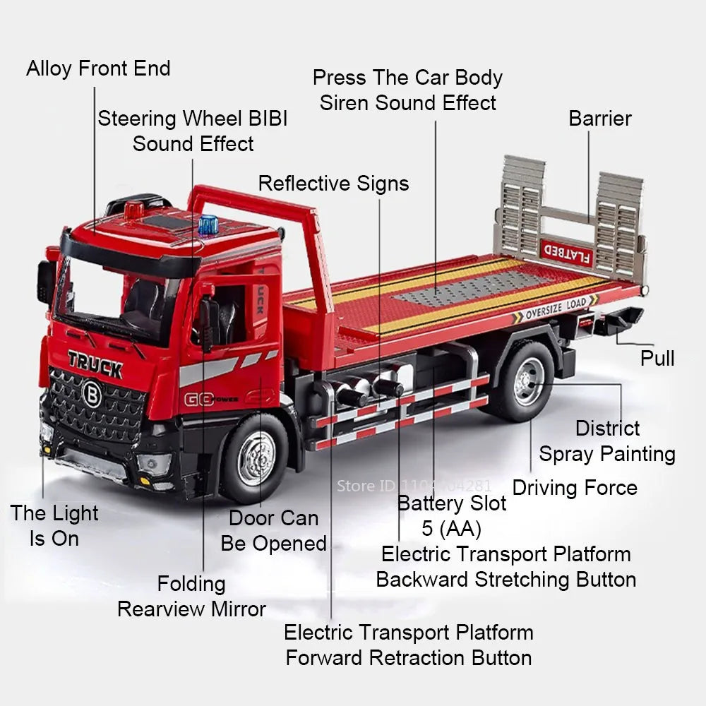 1:24 Electric Flatbed Cement Pump Truck Model — Diecast Alloy Toy with Sound & Light, Doors Open, Gift for Boys