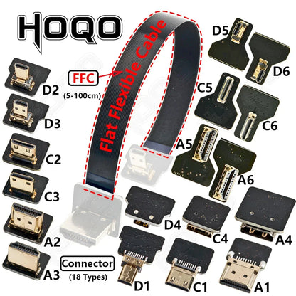 Ribbon FPV HDMI-Compatible Connector – Flexible Flat Cable for Raspberry Pi 4, Micro HDMI to HDMI/Mini HDMI Female 90° FFC 20pin
