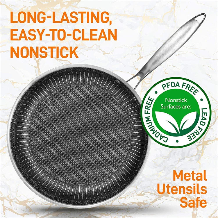 LMETJMA Stainless Steel Nonstick Frying Pan with Honeycomb Surface - Includes Lid, Compatible with Induction, Ceramic and Gas Cooktops - Model KC0480