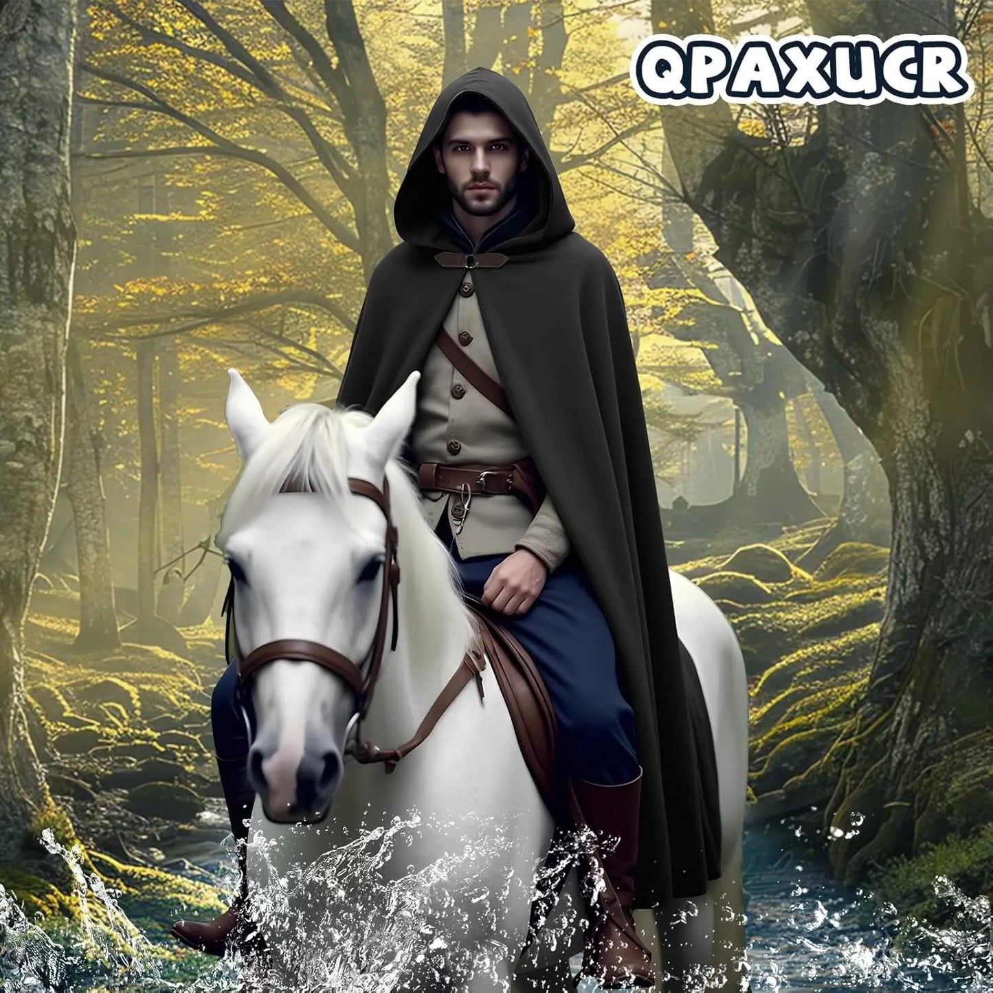 Men’s Medieval Hooded Cloak – Round Metal Buckle with Green Leaf Brooch Necklace for Halloween Costume