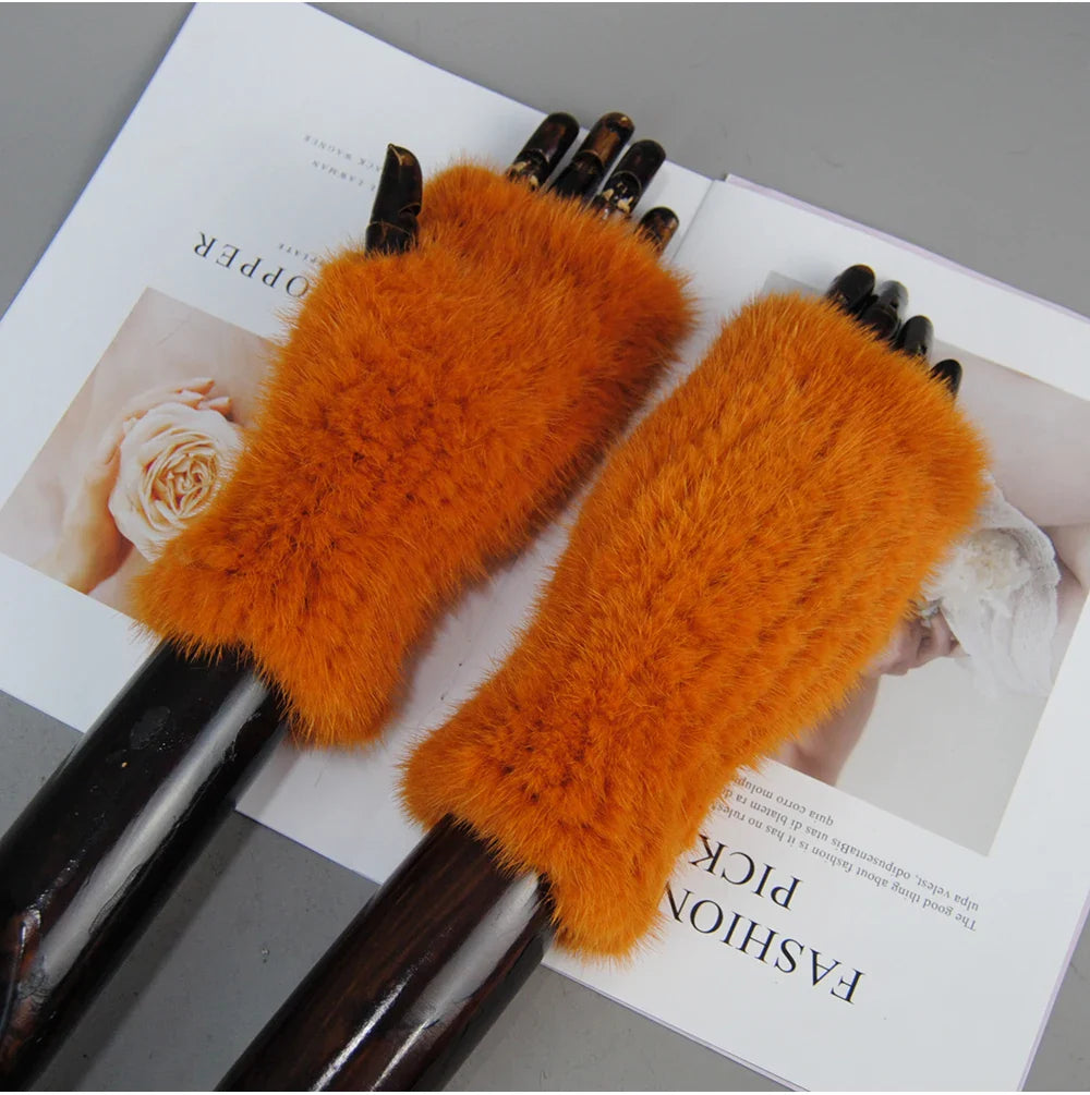 Women’s Winter Mink Fur Gloves – 100% Natural Fingerless Knitted Mittens for Warmth