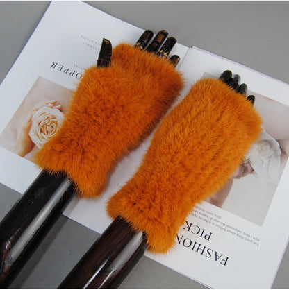 Women’s Winter Mink Fur Gloves – 100% Natural Fingerless Knitted Mittens for Warmth