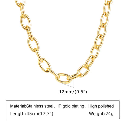 Chunky Gold-Plated Link Necklace — Stainless Steel Oval Chain Choker for Women, Minimalist Jewelry