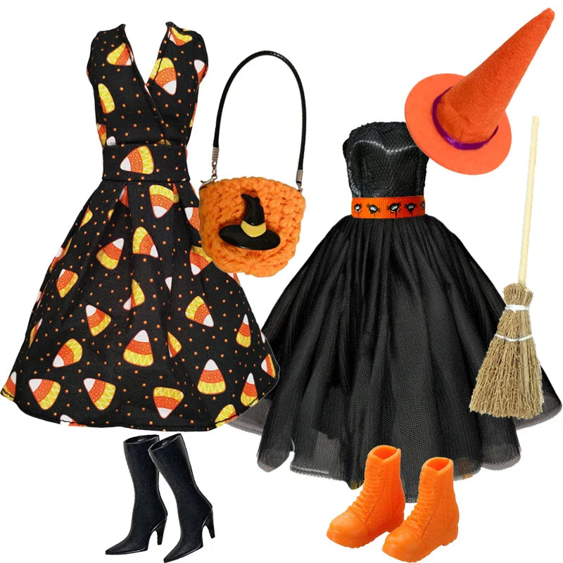 1/6 Doll Halloween Cosplay Outfit – Witch Dress, Cap, Belt, Bag & Broom for 12" BJD / 30cm Dolls
