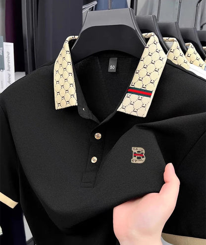 Men's Luxury Color Block Polo Shirt - Embossed Letter Short Sleeve Breathable Summer Fashion Top
