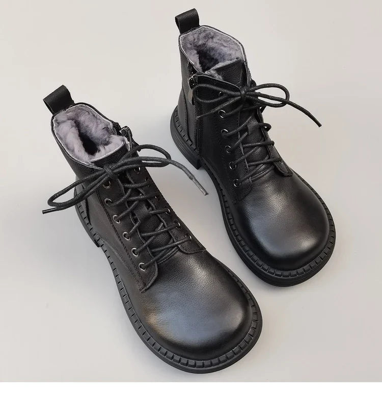 Careaymade 100% Genuine Leather Wide Casual Women’s Short Boots – Big Size, Handmade Men’s Wool Boots