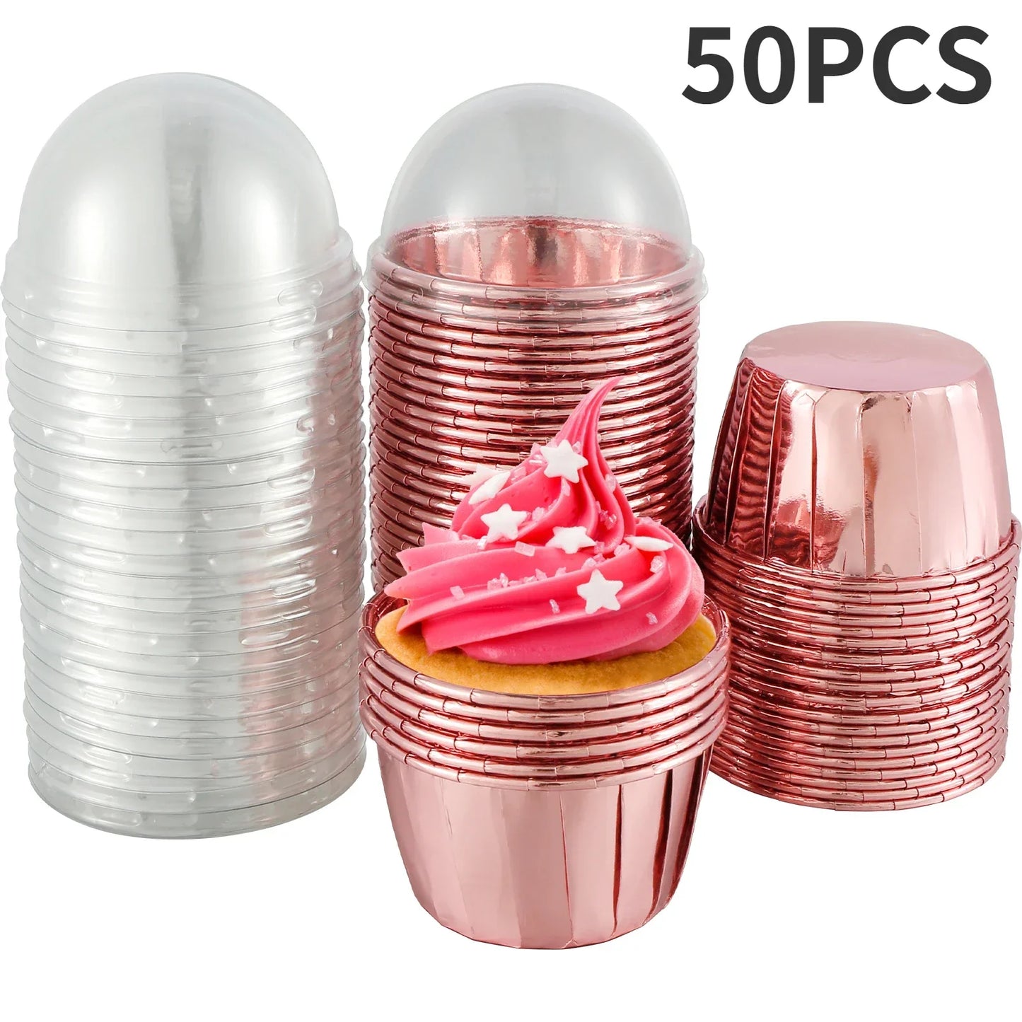 50Pc Foil Cupcake Liners with Lids - Heat Resistant 5.5oz Aluminum Cake Cups - Round Foil Baking Cups for Kitchen Wedding Party Supplies
