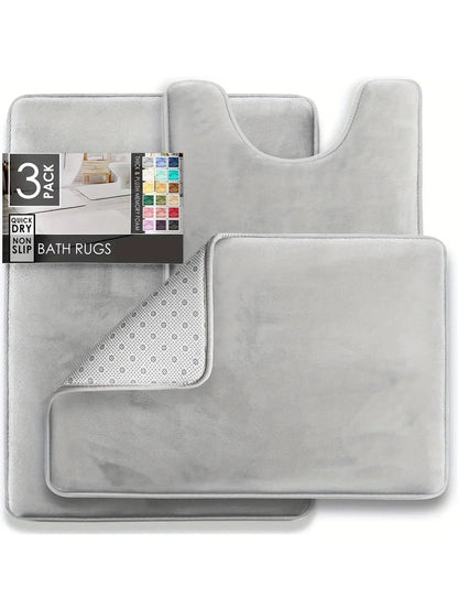 3PC Velvet Memory Foam Bathroom Rug Set - Ultra Soft, Non-Slip, Quick-Dry Machine Washable Bath Mats