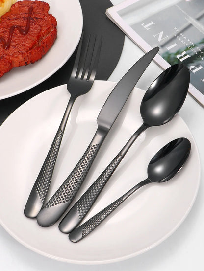 24-Piece Stainless Steel Tableware Set – Star Design Steak Knives, Forks, Dessert Forks, and Spoons for Family Use