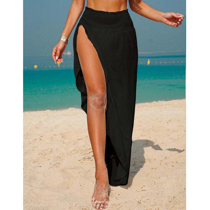 Women’s Irregular Hem Beach Cover-Up Skirt – Solid Color Side Slit Transparent Half Skirt, Casual Vacation Style