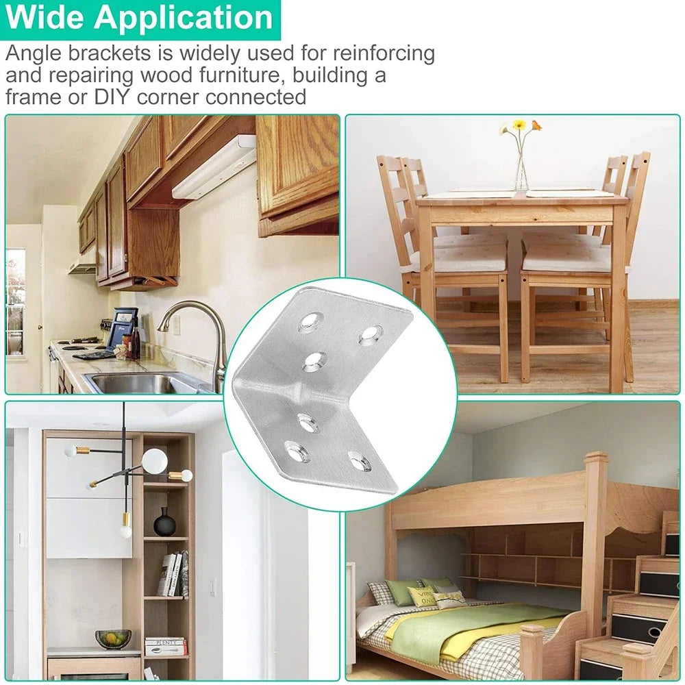 50/10PCS Universal Stainless Steel Corner Bracket | 90 Degree Right Angle Fixed Bracket for Wood Furniture, Bedframe, Cabinet Accessories
