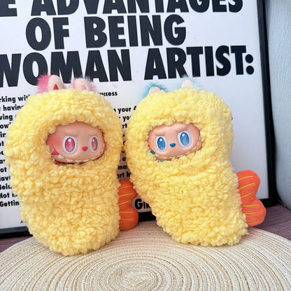 Labubu Doll Clothes – Fried Shrimp Onesie Yellow Outfit for 1st-3rd Gen 17cm Labubu Sitting Dolls Party Wear