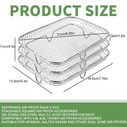 3-Layer Stackable Air Fryer Rack – 304 Stainless Steel Grilling & Steaming Rack for Oven & Cooking Tools