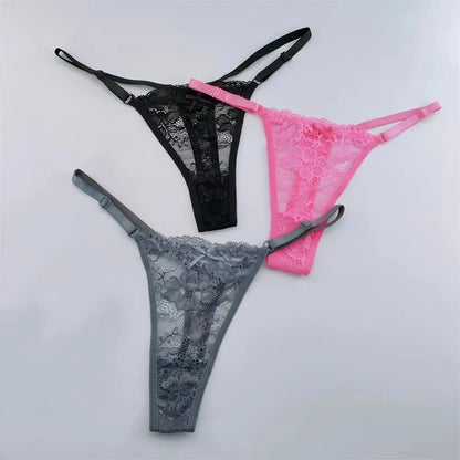 Women's Lace Thong Set - 3-Piece Low Waist Breathable Sheer G-String Lingerie