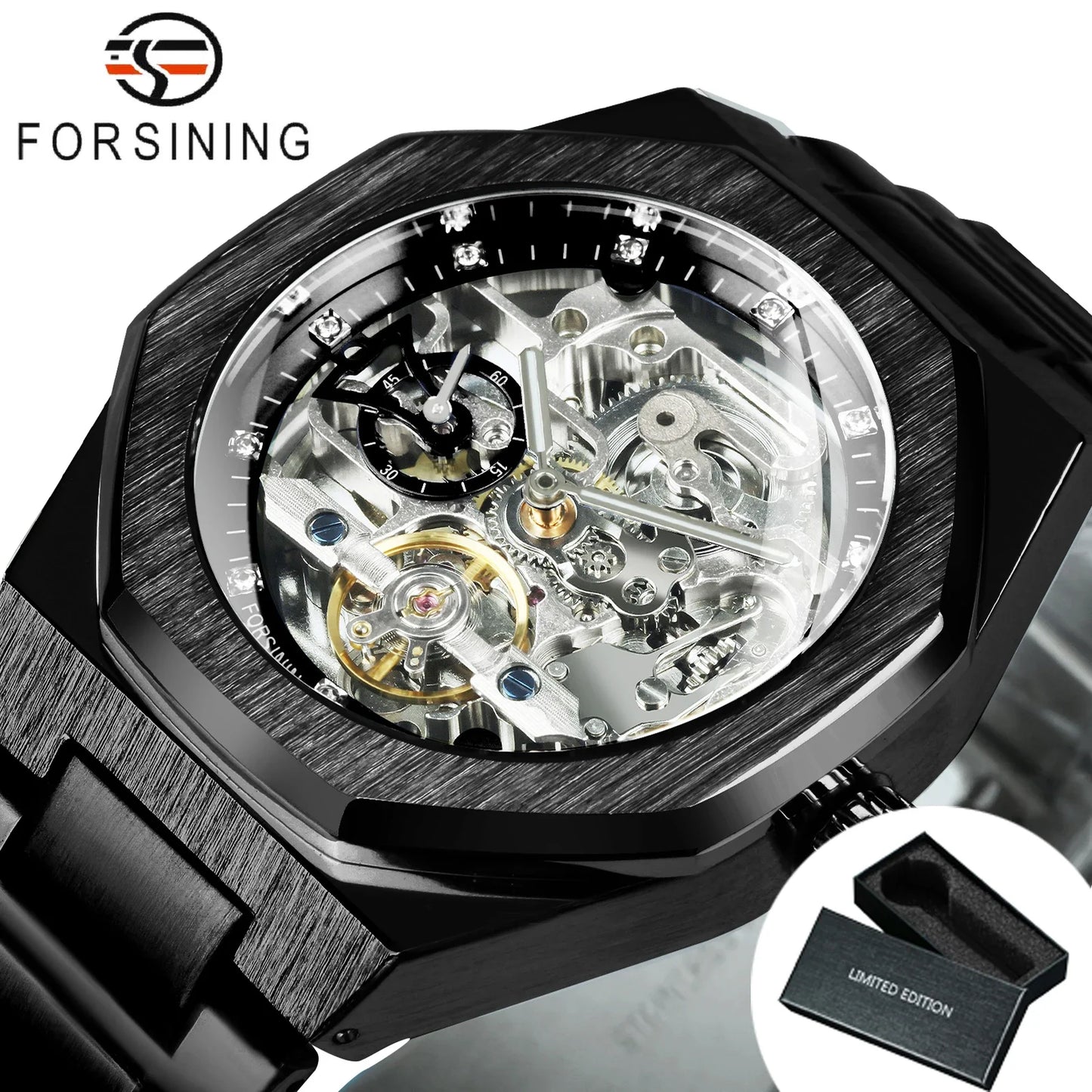 Forsining Men’s Automatic Mechanical Watch – Luminous Hands, Stainless Steel Strap, Luxury Skeleton Fashion Watch