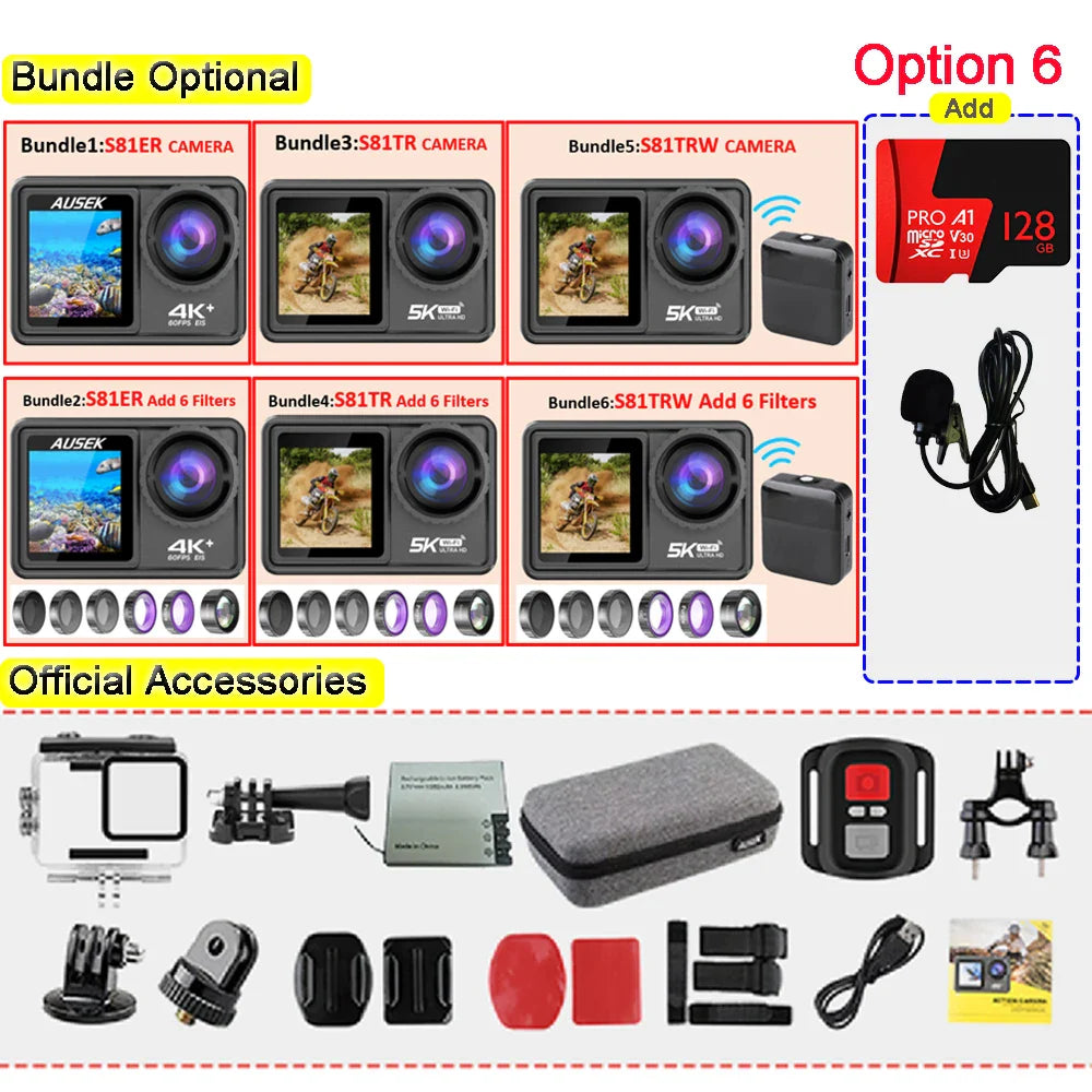 AUSEK S81TRW 5K Action Camera – 4K60FPS, 48MP, EIS, 5X Zoom, 1080P Webcam, Wi-Fi Vlog Sports Cam with Remote & Optional Filters