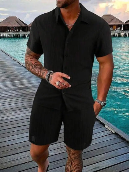 Men's Striped Jacquard Beach Shirt & Shorts Set — Spring Summer Casual Loose Fit, Europe & US Style