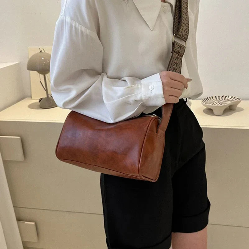 Vintage PU Leather Boston Handbag – Small Women’s Crossbody Purse for Casual Travel & Fashion