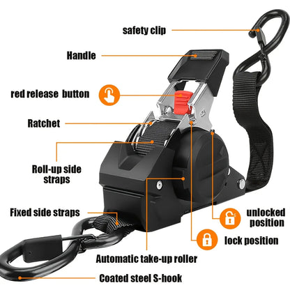 Heavy Duty Automatic Retractable Cargo Strap with S-Hook – Trailer Tie Down Belt for Transportation, Camping & Outdoor Securing Equipment