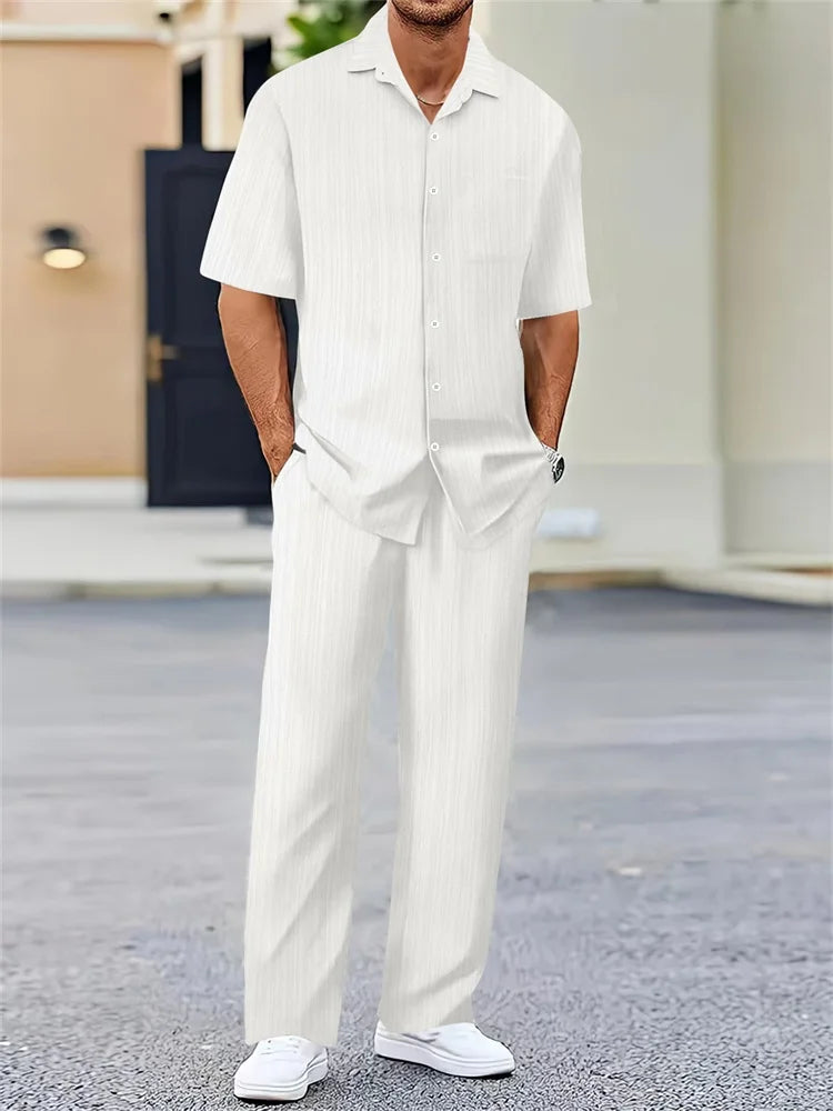 Men's Light Blue Striped Shirt Set - 3D Printed Casual Lapel Shirt for Autumn Outdoor Style