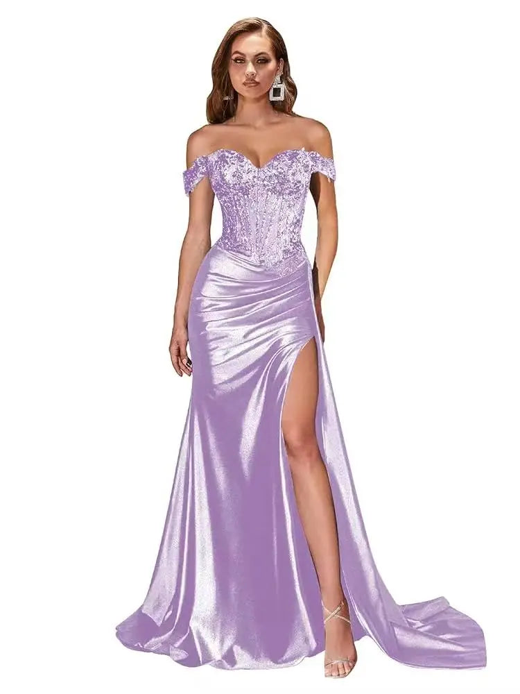 Women’s Dark Navy Off-Shoulder Prom Dress — Sweetheart Beaded Lace Corset Evening Gown with High Side Slit 2025