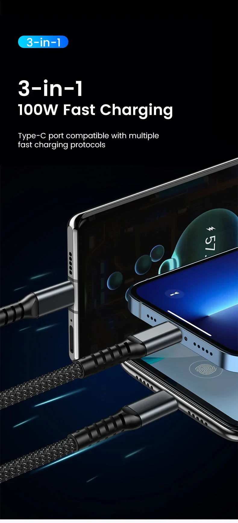 3-in-1 100W 6A Fast Charging Cable — USB to Type-C, Micro, Lightning for iPhone 13–16, Samsung, Xiaomi, Huawei